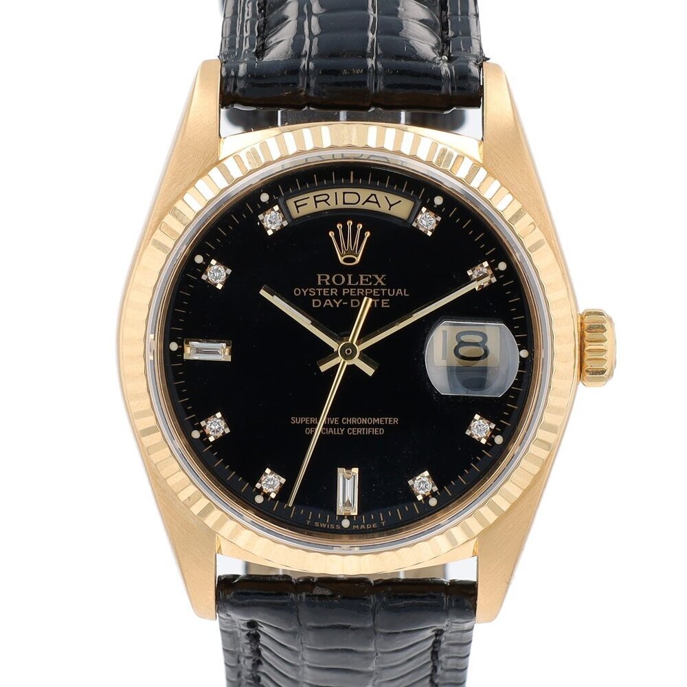Rolex Day-Date 18038 36mm Black 8+2 Baguette Dial Fluted Bezel President Band